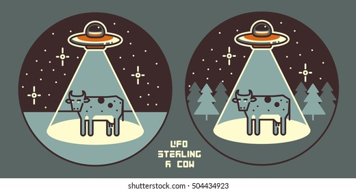 UFO stealing a cow. Rounded lineart icon