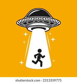 Ufo stealing human vector illustration on yellow background