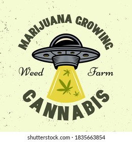 Ufo robando hojas de marihuana emblema vectorial, placa, etiqueta o logo en un estilo colorido aislado en el fondo claro