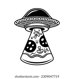 Ufo stealing pizza slice vector monochrome illustration in vintage style isolated on white background