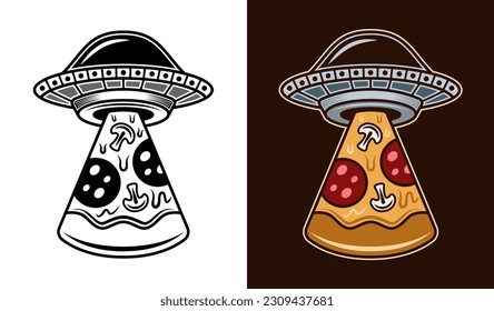 Ufo stealing pizza slice vector illustration in two styles black on white and colored on dark background