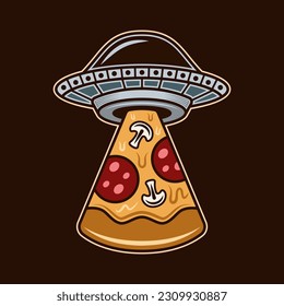 Ufo stealing pizza slice vector illustration in colored style on dark background