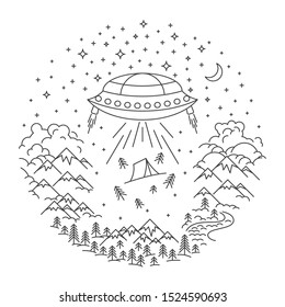 Ufo stealing tent and pine. Mountain and Hils, River and forest landscape on white background. Hight sky. Linear circle banner. Vector illustration.