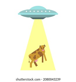 Ufo steals cow isolated. Alien flying saucer and cows. Concept of extraterrestrial civilizations and Experiments on another planet