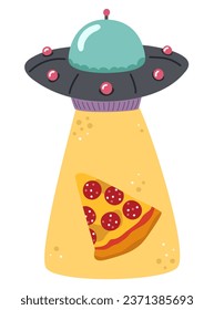 UFO steals pizza, aliens. Vector illustration isolated on white background