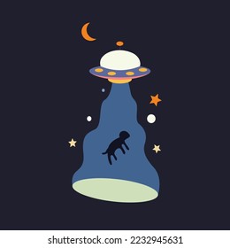 UFO sucks dog with rays from plane. Space ship illustration for children's background design