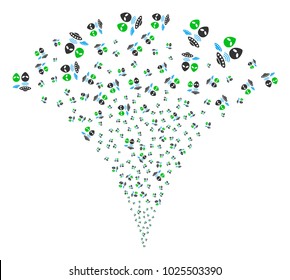 UFO Symbols exploding fountain. Vector illustration style is flat iconic symbols. Object fountain created from random design elements as ufo symbols fireworks.