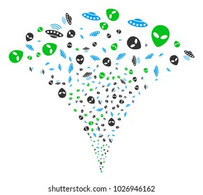 UFO Symbols exploding fountain. Vector illustration style is flat iconic symbols. Object fountain done from random pictograms as ufo symbols fireworks.