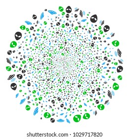 UFO Symbols exploding globula. Object pattern organized from scattered ufo symbols pictographs as exploding round shape. Vector illustration style is flat iconic symbols.