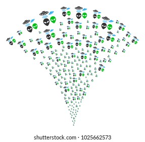UFO Symbols festive fountain. Vector illustration style is flat iconic symbols. Object fountain created from random pictograms as ufo symbols fireworks.
