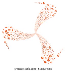UFO Symbols fireworks swirl rotation. Vector illustration style is flat orange iconic symbols on a white background. Object spiral combined from random symbols.
