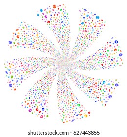 UFO Symbols fireworks swirl rotation. Vector illustration style is flat bright multicolored iconic symbols on a white background. Object spiral created from random icons.
