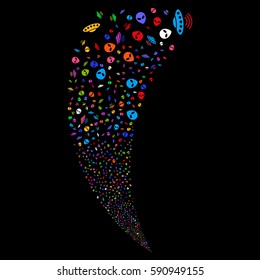 UFO Symbols random fireworks stream. Vector illustration style is flat bright multicolored iconic symbols on a black background. Object fountain created from scattered pictographs.