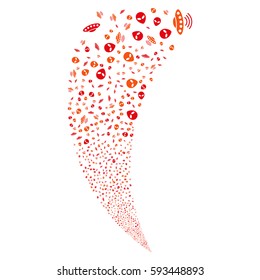 UFO Symbols random fireworks stream. Vector illustration style is flat intensive red and orange iconic symbols on a white background. Object fountain done from scattered symbols.