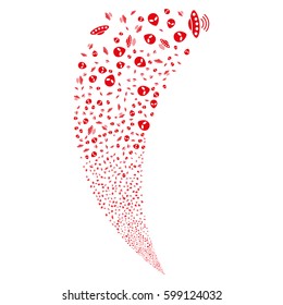 UFO Symbols random fireworks stream. Vector illustration style is flat red iconic symbols on a white background. Object fountain constructed from scattered icons.