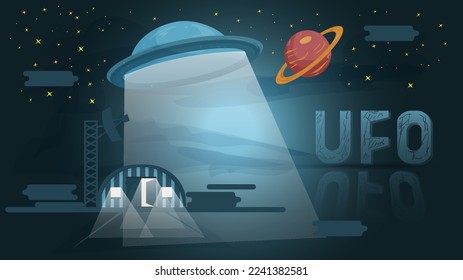 Ufo takes off from a secret base, against the background of the planet and stars, a flat illustration for the design