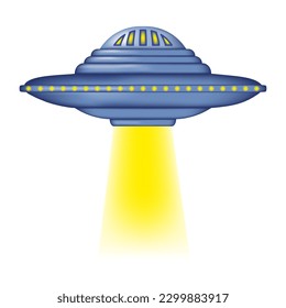 A UFO taking off emitting a powerful beam of light. Isolated alien spaceship with yellow light. Flying saucer 3d. Vector illustration.