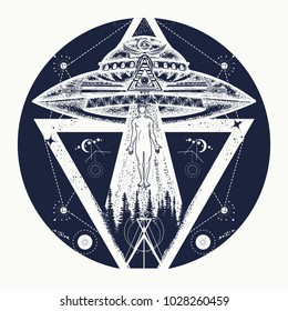 UFO tattoo art and t-shirt design. Invasion of aliens. Mystical symbol paranormal phenomena, first contact. Aliens kidnap human 