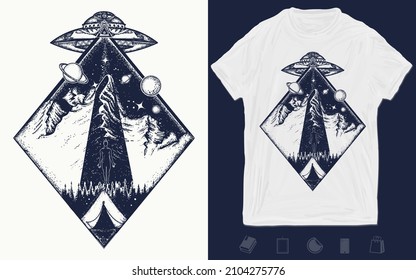 UFO tattoo art and t-shirt design. Invasion of aliens. Aliens kidnap human. Mystical symbol paranormal phenomena, first contact. Vector graphics template. Hand drawn illustration 