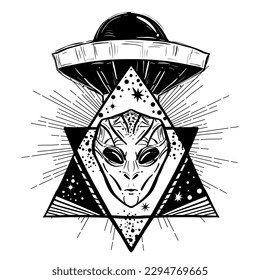 UFO tattoo art and t-shirt design. Invasion of aliens. Aliens kidnap human. Mystical symbol paranormal phenomena, first contact