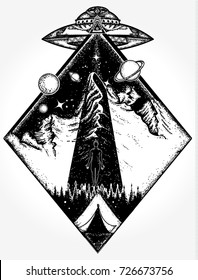 UFO tattoo art and t-shirt design. Mystical symbol paranormal phenomena, first contact 