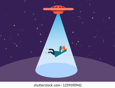 UFO and teleport beam. UFO kidnaps a person, vector. The woman was stolen by aliens. Free space for text in the cone of light