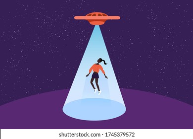 UFO and teleport beam. UFO kidnaps a person, vector. The woman was stolen by aliens. Mysticism and anomalous phenomena