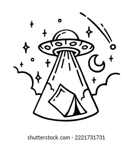 UFO tent doodle. Flying saucer camping drawing. Alien spaceship campsite visitor. Vector illustration.