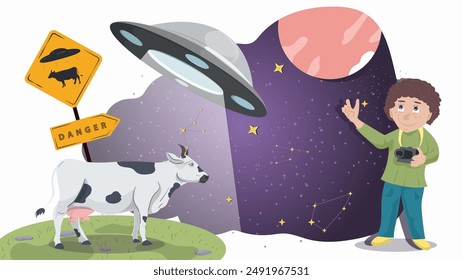 a UFO that kidnaps a cow in a meadow is watched by a little boy with a camera, flat illustration