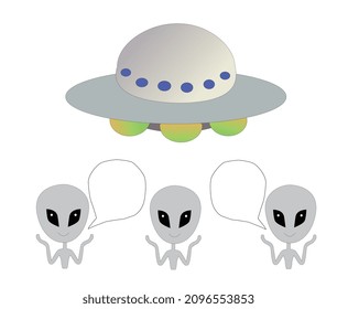 UFO and three aliens raising their hands and trying to talk and a speech bubble
