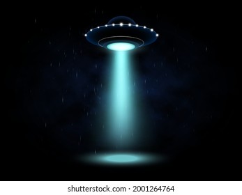 UFO. Unidentified flying object. Alien space ships. Saucers with bright illumination and vertical ray for abduction. Vector illustration. 