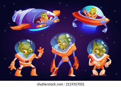 Objeto volador no identificado por OVNI, extraterrestres con trajes especiales para viajar al espacio exterior, conjunto de personajes de dibujos animados. Los invasores de galaxia vectora en cohetes y barcos, los platillos transportan. Habitantes de Cosmos