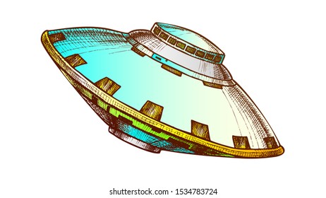 Ufo Unidentified Flying Object Color Vector. Ufo Mystery Alien Cosmic Spaceship Fantasy Technology. Space Visitor Transport Hand Drawn In Vintage Style Illustration