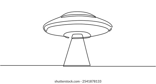 UFO unidentified flying object in continuous one line drawing. Minimalist approach to space and flying objects.