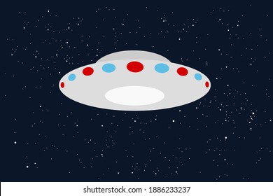 UFO ( unidentified flying object ) - extraterrestrial spacecraft is flying on dark sky with stars. Vector illustration. 