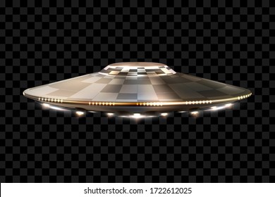 UFO. Unidentified Flying Object. Futuristic UFO On The Transparent Background. Photo-realistic Vector Illustration.