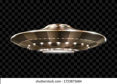 UFO. Unidentified Flying Object. Futuristic UFO On The Transparent Background. Photo-realistic Vector Illustration.