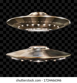 UFO. Unidentified flying object. Futuristic UFO on the transparent background. Photo-realistic vector illustration.