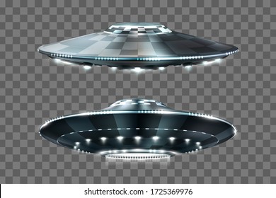 UFO. Unidentified flying object. Futuristic UFO on the transparent background. Photo-realistic vector illustration.