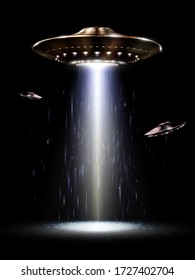 UFO. Unidentified flying object. Futuristic UFO on the black background. Photo-realistic vector illustration.