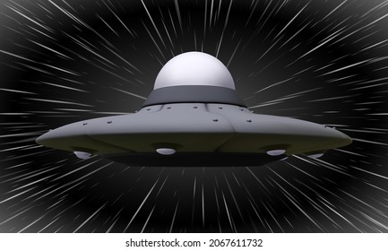 UFO. Unidentified flying object. Futuristic UFO on the space speed background. Vector illustration.