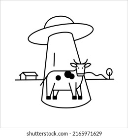 A UFO or unidentified flying object kidnaps a cow from a field. Vector illustration. Outline icon.