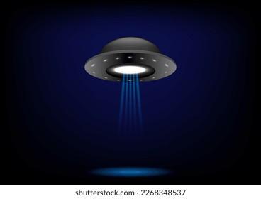 UFO. Unidentified flying object on futuristic dark blue background.  Vector illustration.