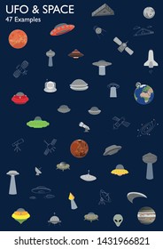 Ufo and universe, alien and planet and solar system, background.