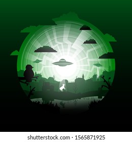 Ufo Vector Alien Spaceship Abduction Invasion Night Sky Cloud Silhouette Village Abstract