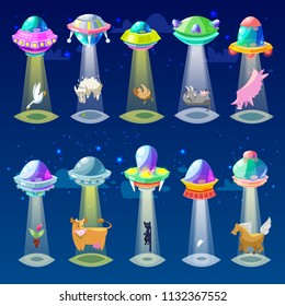 Ufo vector alien spaceship or spacecraft and spacy ship with animal character cat or pig illustration set of spaced sbeam of mystery transport in universe space isolated on background