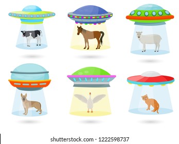 Ufo vector alien spaceship or spacecraft and spacy ship with animal character cat or pig illustration set of spaced sbeam of mystery transport in universe space isolated on white background