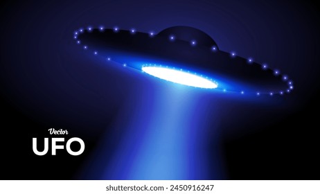 UFO Vector Background. Alien Spaceship with Blue Light. Saucer with Ray for Abduction. Unidentified Flying Object. Vector Illustration.