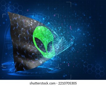 UFO,  vector flag, virtual abstract 3D object from triangular polygons on a blue background