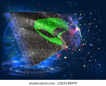 UFO,  vector flag, virtual abstract 3D object from triangular polygons on a blue background